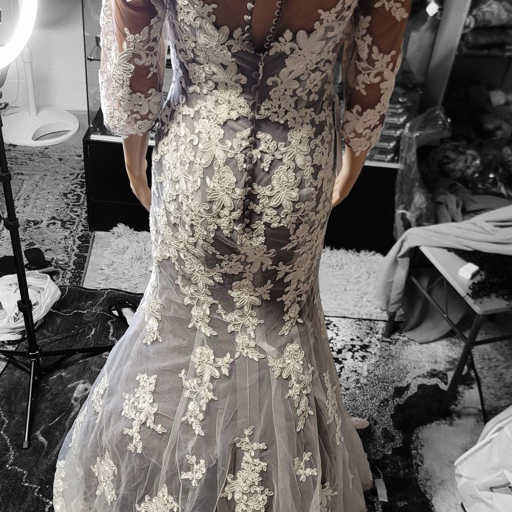 Azazie Cream and White Bishop Sleeve Wedding Dress